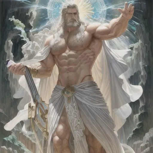 Prompt: rugged zeus, full body, god of thunder, greek god, white hair, masculine, mature, handsome, upper body, flowy robe, muscular, hairy torso, fantasy, intricate, elegant, highly detailed, digital painting, artstation, concept art, smooth, sharp focus, illustration, art by gaston bussiere and alphonse mucha, 8K, HDR, masterpiece, photography,photorealistic, detailed illustration little man, pastel tetradic colors, 3D vector art, cute and quirky, fantasy art, watercolor effect, bokeh, Adobe Illustrator, hand-drawn, digital painting, low-poly, soft lighting, bird's-eye view, isometric style, retro aesthetic, focused on the character, 4K resolution, photorealistic rendering, using Cinema 4D