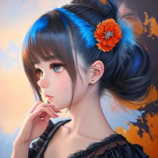 Prompt: scenic view,

masterpiece hyperdetailed intricate best quality breath taking Oil Painting Impressionist Painting Degas Style Painting,

Liquid Paint Background With Blue And Orange Mixing On Air In A Black Wall, masterpiece intricate best quality ultra realistic hyperdetailed breath taking doodle art 3D 1 vintage anime girl hopeful, petite beautiful young body, hyperdetailed intricate cute face, hyperdetailed flying fluffy brown hair, stray hairs, hyperdetailed intricate beautiful blue eyes, beautiful gloss lips, beautiful detailed chest, hyperdetailed complex,

masterpiece hyperdetailed intricate best quality breath taking Oil Painting Impressionist Painting Alphonse Mucha,

masterpiece hyperdetailed intricate best quality breath taking Oil Painting Impressionist Painting Mary Cassatt style painting,

standing,

masterpiece intricate hyperdetailed white cotton vintage dress, hyperdetailed light on dress, ultra realistic hyperdetailed dress wrinkle shading,

head light, muted colors, vintage environment, dark environment, dark city background, hyperdetailed intricate beautiful shading, hyperdetailed intricate 3D shadow, vivid colors.

very strong wind, windy,

front view, character concept, facing at the camera,

professional award-winning photography, soft brushstrokes,