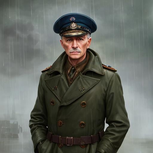 Prompt: a painting (((in style of lumispot))) of a WW2 naval captain under the rain wearing a raincoat, <lora:lumispot_merge_2:0.8>
