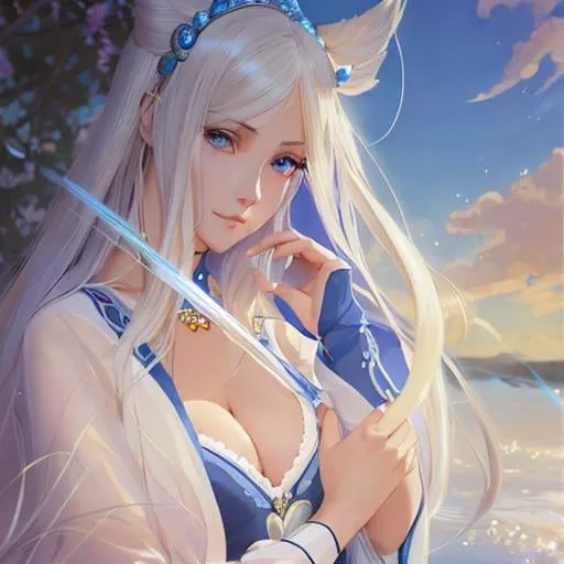 Prompt: full body of a 1 woman, blond hair, long hair, blue eyes, smooth soft skin, beautiful intricate hair, symmetrical, anime narrow eyes, soft lighting, detailed face, by makoto shinkai, stanley artgerm lau, wlop, rossdraws, myoga, concept art, digital painting, looking into camera, happy face, small iris.