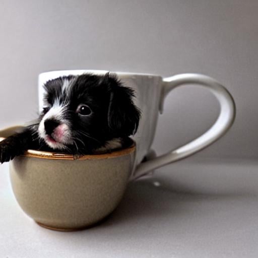 Prompt: extremely tiny puppy in a mug