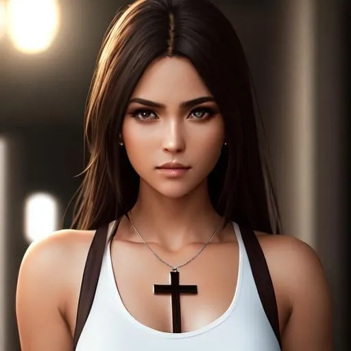 Prompt: full body, An female dressed in a white tank top and cross neckless, long dark brown and dark brown eyes, detailed skin, realistic, 8k, highly detailed, full length frame, High detail RAW color art, piercing, diffused soft lighting, shallow depth of field, sharp focus, hyperrealism, cinematic lighting