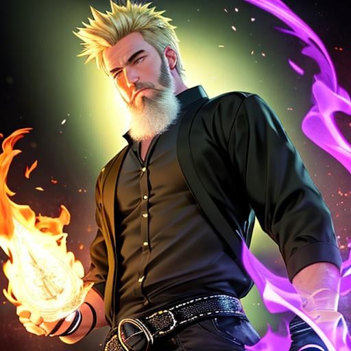 Prompt: UHD, hd , 8k,   ,  hyper realism, Very detailed, zoomed out view,  older male character with blonde hair that hangs to his shoulders and a thick blonde that has no lip hair style beard,  he  is wearing a dark green shirt, black belt, black pants and boots, he wears a purple trench coat and h eis summoning fire