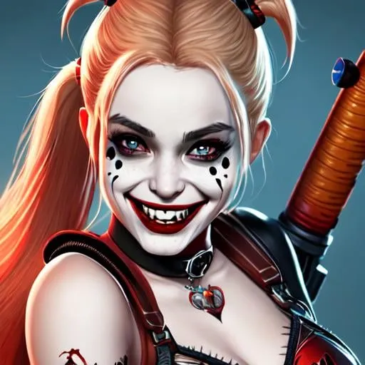 Prompt: Gorgeous Harley Quinn with a wide grin, sunny day, stunning detail, high concept art, intricately designed, trending on ArtStation, Unreal Engine 5
