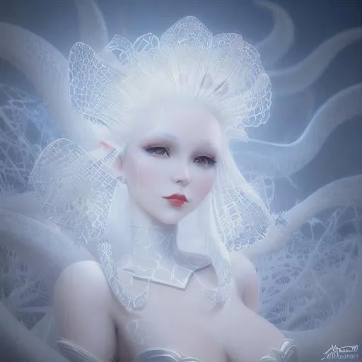 Prompt: A Exquisitely beautiful woman with a hair made of a white octopus tentacles, pale white skin, red lipstick,  cold air, soft delicate features, ultra detailed, 3d, a pixar and  disney character art by artgerm, painting by daniel f gerhartz, hyper detailed face, clear realistic eyes, octane render, ray tracing, sharp focus, uhd, 