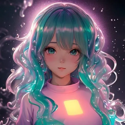 Prompt: 1 girl made of slime, slime girl, petite body shape, hyper realistic pastel color masterpiece,

beautiful, cute, kawaii anime girl,  smokey atmosphere, hyper realistic masterpiece of an anime seafoam color slime girl,

at night, twilight, evening, outside, particles visible, light from behind, hyper realistic detailed lighting, hyper realistic shadows

hyper realistic masterpiece, highly contrast water color pastel mix, sharp focus, digital painting, pastel mix art, digital art, clean art, professional, contrast color, contrast, colorful, rich deep color, studio lighting, dynamic light, deliberate, concept art, highly contrast light, strong back light, hyper detailed, super detailed, render, CGI winning award, hyper realistic, ultra realistic, UHD, HDR, 64K, RPG, inspired by wlop, UHD render, HDR render