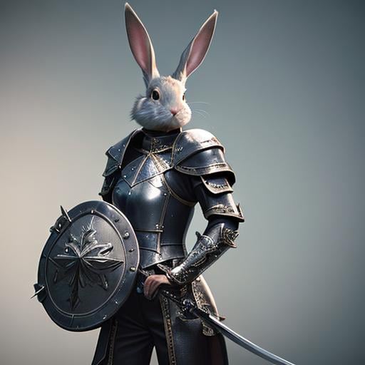 Prompt: adventurous rabbit in leather armor wielding a rapier and shield highly detailed, fine complex micro-details, 8k, volumetric lightning, ethereal light, extremely detailed, octane rendering, hyperrealistic, unreal engine