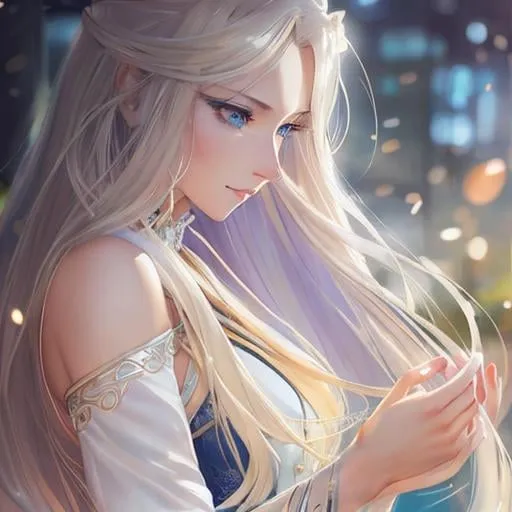 Prompt: full body of a 1 woman, blond hair, long hair, blue eyes, smooth soft skin, beautiful intricate hair, symmetrical, anime narrow eyes, soft lighting, detailed face, by makoto shinkai, stanley artgerm lau, wlop, rossdraws, myoga, concept art, digital painting, looking into camera, happy face, small iris.