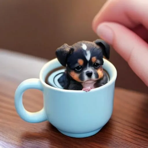 Prompt: extremely tiny puppy in a mug