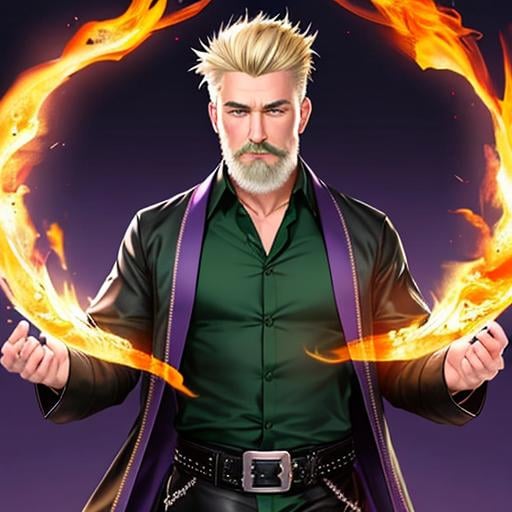 Prompt: UHD, hd , 8k,   ,  hyper realism, Very detailed, zoomed out view,  older male character with blonde hair that hangs to his shoulders and a thick blonde that has no lip hair style beard,  he  is wearing a dark green shirt, black belt, black pants and boots, he wears a purple trench coat and h eis summoning fire