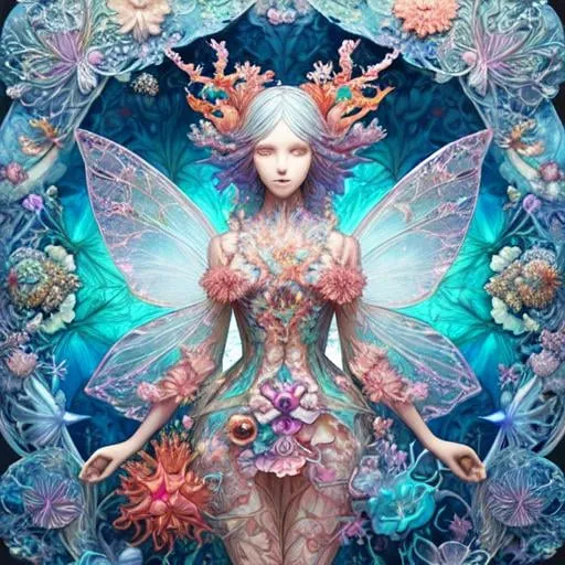 Prompt: Multi layered transparency of a beautiful paper sculpture of a Fairy with many types of colourful sea flowers and corals hybrid by Android Jones, Ernst Haeckel, James Jean, beautiful detailed intricate patterns insanely detailed octane render trending on artstation, generative art, baroque, 8k artistic photography, photorealistic, centered, symmetry, painted, intricate, volumetric lighting, beautiful, rich deep colors masterpiece, sharp focus, ultra detailed, in the style of dan mumford and marc simonetti, astrophotography