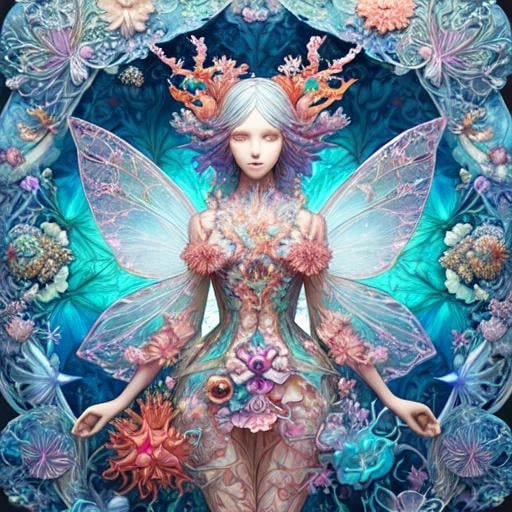 Prompt: Multi layered transparency of a beautiful paper sculpture of a Fairy with many types of colourful sea flowers and corals hybrid by Android Jones, Ernst Haeckel, James Jean, beautiful detailed intricate patterns insanely detailed octane render trending on artstation, generative art, baroque, 8k artistic photography, photorealistic, centered, symmetry, painted, intricate, volumetric lighting, beautiful, rich deep colors masterpiece, sharp focus, ultra detailed, in the style of dan mumford and marc simonetti, astrophotography