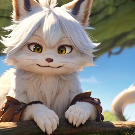 Prompt: beautiful, masterpiece, best quality, extremely detailed face, perfect lighting, smirk, smug expression, white hair, paws, fur, furry, fluffy, nanachi \(made in abyss\)
