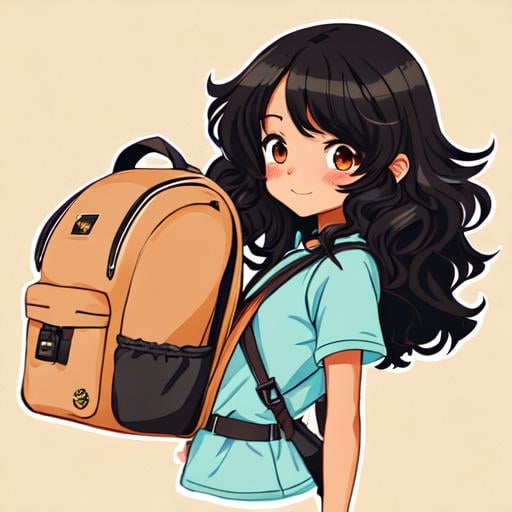 Prompt: A detailed illustration of adorable cute tan girl🥺😊,black curly-silky hair, tan skin, wearing a backpack, style cartoon, colors, two-dimensional, planar vector, character design, T-shirt design, stickers, colorful splashes, and T-shirt design, Studio Ghibli style, soft tetrad color, vector art, fantasy art, watercolor effect, Alphonse Mucha, Adobe Illustrator, digital painting, low polygon, soft lighting, aerial view, isometric style, retro aesthetics, focusing on people, 8K resolution, octane render