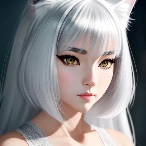 Prompt: a beautiful woman with face like cat , cat stealth,beautiful anime cat eyes, white skin,silver and white hair, breath, cat face,intricate hairy body, cat's fur, cute, anime vintage, perfect cat body, cat whiskers, hyperrealism, beautiful, highly detailed, hd, 4k, 8k, wide angle