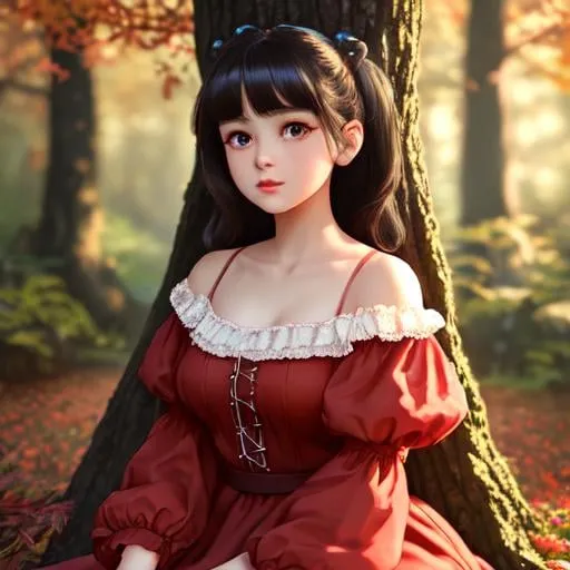 Prompt: medium portrait picture of 1 girl vintage, petite small body,

masterpiece pastel ultra realistic 3D hyperrealism hyperdetailed red off the shoulder cotton fluffy dress, highly detailed brown eyes, highly detailed beautiful gloss lips, highly detailed intricate fluffy black hair, stray hairs, complex,

sitting in the old fantasy forest, autumn environment, cozy environment, vintage environment, fantastical nostalgic mood,

hopeful, iridescent reflection, cinematic light, sunshine, sunlight, blue sky,

impressionist painting,

volumetric lighting maximalist photo illustration 4k, resolution high res intricately detailed complex,

soft focus, digital painting, oil painting, heroic fantasy art, clean art, professional, colorful, rich deep color, concept art, CGI winning award, UHD, HDR, 8K, RPG, UHD render, HDR render, 3D render cinema 4D, Makoto Shinkai, Degas Style Painting