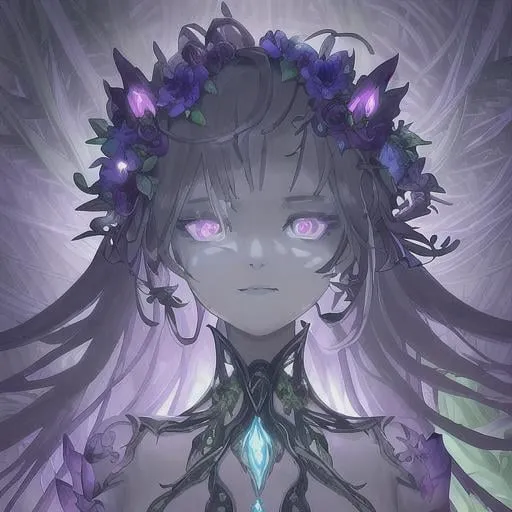 Prompt: ((Cinematic high quality photo)), ((photorealistic close-up portrait masterpiece)) of a mysterious hybrid creature, a fusion of ((floral)) and ((mechanical)) elements, wandering through an enchanted forest of bioluminescent trees and glowing plants. This unique being, with a body covered in lush foliage and intricate gears, has radiant eyes that emit a soft, mesmerizing light. It explores the surreal landscape, a realm where nature and technology coexist harmoniously. Delicate flowers intertwined with polished metal vines form a fascinating, intricate pattern on the creature's skin. High detail, UHD 4k wallpaper, by Roger Dean, Josephine Wall, H.R. Giger, and Daniel Lieske.