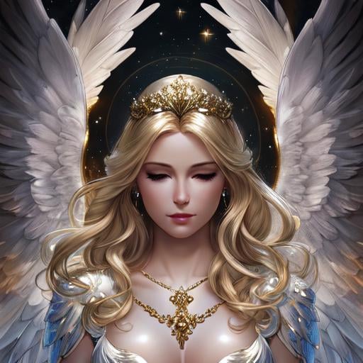 Prompt: Angel, beautiful face, detailed face, blonde, shining, holy light background, wide white wings, full body, mythical, fantasy, elegant, hyperrealism, highly detailed, intricate detailed,dynamic lighting, 4K, HD.