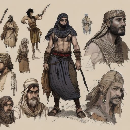 Prompt: ancient Arabia, traders, journeyed across the Middle East and Africa, rabica outfit, center Full body, landscape, bits of color, Sketch book, hand drawn, dark, gritty, realistic sketch, Rough sketch, mix of bold dark lines and loose lines, bold lines, on paper, character sheet, by Leonardo Daillustration, art by Carne Griffiths and Wadim Kashin