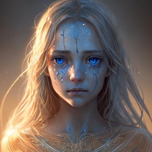 Prompt: Portrait of a light being, radiant, glowing light, filaments of light everywhere, intricate, cinematic lighting, highly detailed, digital painting, artstation, concept art, smooth, sharp focus, illustration, perfect face , sad expression, blue eyes, Tears are dropping from the eyes, the forehead is covered with a bit blood, 8k, UHD, HDR, (Masterpiece:1. 5), (best quality:1. 5)