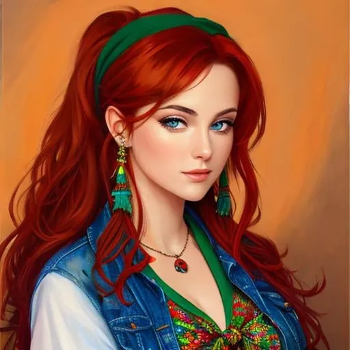 Prompt: oil painting, UHD, hd , 8k, panned out view, zoomed out view, full character in view, red haired female with green eyes, she is wearing a black bandana on her head, she wears  a tie die shirt, wears a hippie brown jacket,  wears jean shorts, wears flip flops 