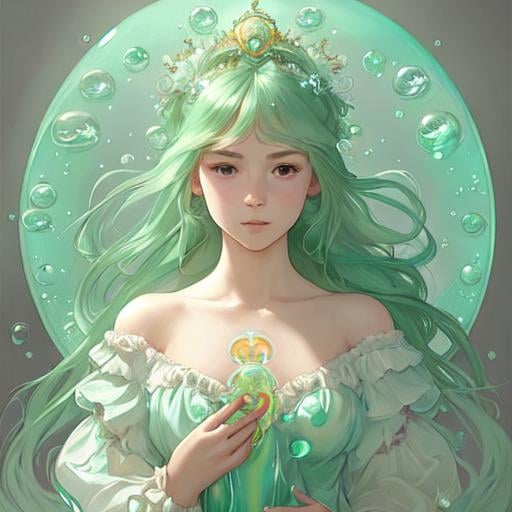 Prompt: portrait of magical young girl, dreamy and ethereal, mint green accents, peaceful expression, ornate frilly dress, fantasy, intricate, elegant, rainbow bubbles, highly detailed, digital painting, artstation, concept art, smooth, sharp focus, illustration, art by artgerm and greg rutkowski and alphonse mucha,  masterpiece