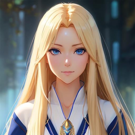 Prompt: full body of a 1 woman, blond hair, long hair, blue eyes, smooth soft skin, beautiful intricate hair, symmetrical, anime narrow eyes, soft lighting, detailed face, by makoto shinkai, stanley artgerm lau, wlop, rossdraws, myoga, concept art, digital painting, looking into camera, happy face, small iris.