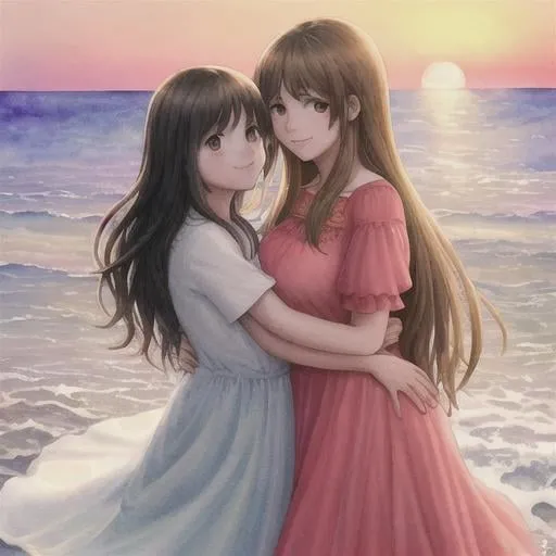 Prompt: A watercolor painting depicting a lovely 8-month-old Spanish baby girl and a Spanish mother with long hair, they are smiling on the sunset beach. 4K, --ar 3:2