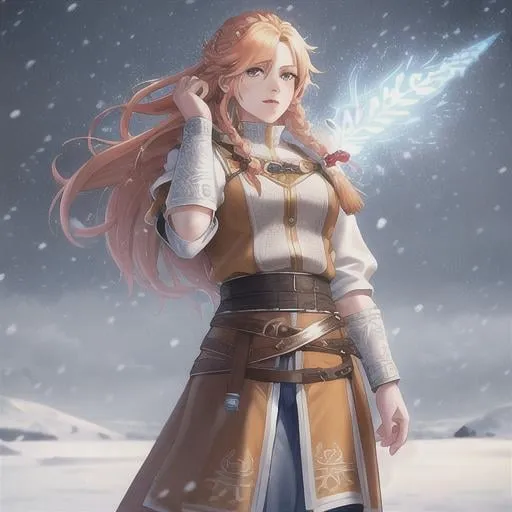 Prompt: braided ginger hair viking king, freckles, full energy, hair flowing in the wind, snow on body, snow on hair, snow on clothing, in a blizzard, fantasy world, highly detailed, half body, soft lighting, ultra realistic, 8K, digital art, unreal engine 5