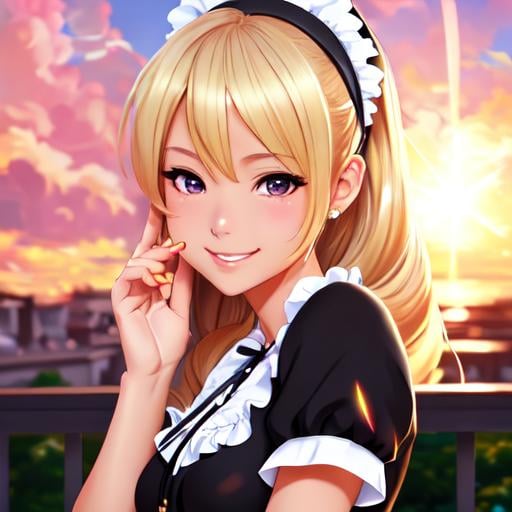 Prompt: Pretty girl, blonde hair,cool pose,perfect composition,Kawaii,smiling, black maid dress,Tan skin,glossy lip,dynamic potrait,aesthetic,soft glowing,sunlight,stunning,impasto,2d digital artwork,anime,mappa studio,wit studio,