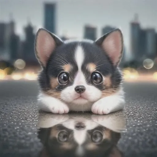 Prompt: cute Kawaii tiny hyper realistic baby dog wearing hip hop clothes inside a bottles, city background in a bottles baby dog reflection 8k Cinematography photorealistic epic composition Unreal Engine Cinematic Color Grading Portrait Photography Ultra-Wide Angle Depth of Field hyper detailed octane render trending on artstation greg rutkowski