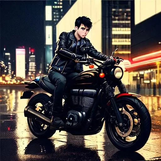 Prompt: 20 y.o. boy riding motorcycle, leather jacket, black hair, sharp focus, (Instagram), (cityscape, night, rain), wet, professional lighting, perfect eyes
