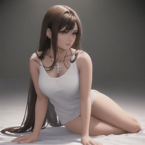 Prompt: full body, An female dressed in a white tank top and cross neckless, long dark brown and dark brown eyes, photography, detailed skin, realistic, photo-realistic, 8k, highly detailed, full length frame, High detail RAW color art, piercing, diffused soft lighting, shallow depth of field, sharp focus, hyperrealism, cinematic lighting