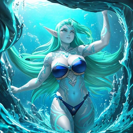 Prompt: Realistic full body of a sea elf that exudes power, and Power over water. She should be depicted as the Goddess of the Sea and the goddess of the Lost. Has skin made of Dark Water and has tattoos of Blue Runes on face and on skin. is a Beautiful Water Sorcerous. she has green hair.) Under water Background. perfect composition, Realistic, hyperrealistic, super detailed, 8k, high quality, sharp focus, studio photo, intricate details, highly detailed.