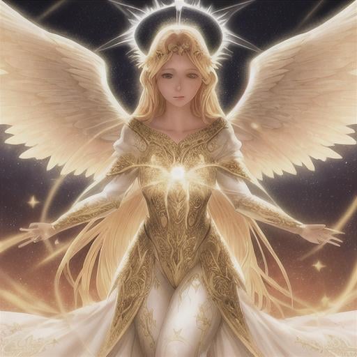 Prompt: Angel, beautiful face, detailed face, blonde, shining, holy light background, wide white wings, full body, mythical, fantasy, elegant, hyperrealism, highly detailed, intricate detailed,dynamic lighting, 4K, HD.