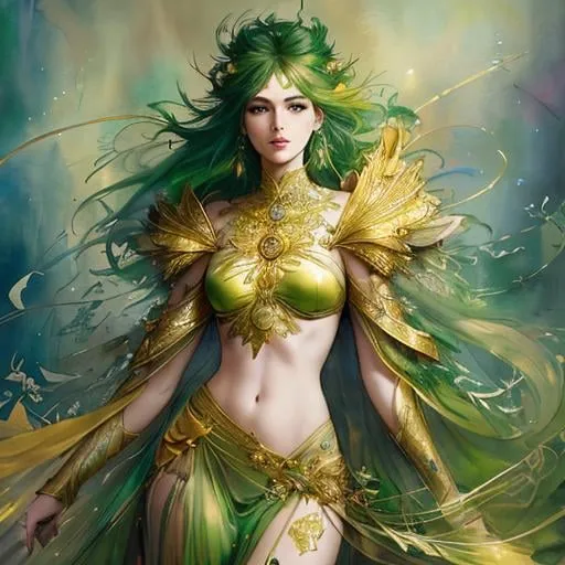 Prompt: full body green and gold hair, art line watercolor wash, ethereal background, abstract beauty, stand, approaching perfection, pure form, golden ratio, minimalistic, unfinished, concept art, by Brian Froud and Carne Griffiths and Wadim Kashin and John William Waterhouse, intricate details, 8k post production, high resolution, hyperdetailed, trending on artstation, sharp focus, studio photo, intricate details, highly detailed, by greg rutkowski
