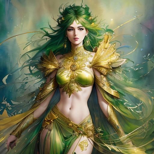 Prompt: full body green and gold hair, art line watercolor wash, ethereal background, abstract beauty, stand, approaching perfection, pure form, golden ratio, minimalistic, unfinished, concept art, by Brian Froud and Carne Griffiths and Wadim Kashin and John William Waterhouse, intricate details, 8k post production, high resolution, hyperdetailed, trending on artstation, sharp focus, studio photo, intricate details, highly detailed, by greg rutkowski