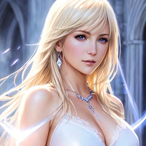 Prompt: a final fantasy watercolor concept art with Kate Hudson, blonde hair, , casting white light in white battlemage outfit, university setting, parted bangs, cleavage, ethereal, fancy jewelry, royal vibe, highly detailed, digital painting, , Trending on artstation , HD quality, tan skin, Big Eyes,artgerm,by yoshitaka amano