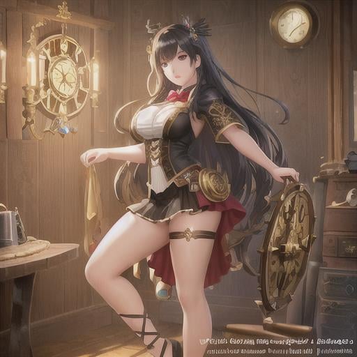 Prompt: dark haired girl wearing clothes full of ornaments, body full of steampunk clock gears mechanic, posing, full body, soft lighting, realistic, 8K, digital art, unreal engine 5