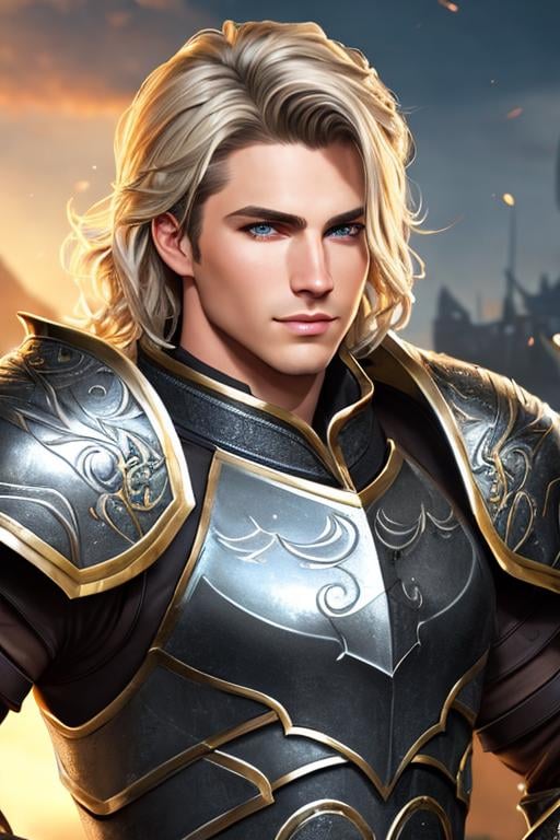 Prompt: male fantasy warrior, very handsome, gray eyes, medium musculature, dirty blonde, short wavy hair, full leather armor, very detailed eyes, UHD, 64K, sharp focus, studio photo, intricate details, highly detailed