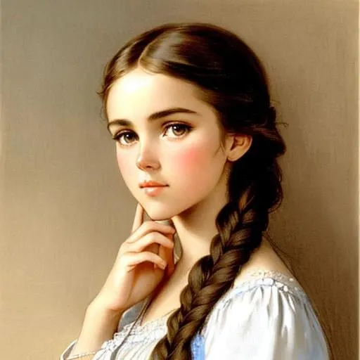 Prompt: Please paint a full body of a beautiful girl looks like a young Isabel Lucas with her mouth slightly open and a surprised look on her face. hair in a single braid Hand touching her cheek Sketch, Drawing, Pencil Art, Adolph Friedrich Erdmann von Menzel
