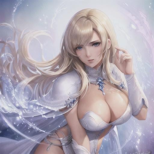 Prompt: a final fantasy watercolor concept art with Kate Hudson, blonde hair, , casting white light in white battlemage outfit, university setting, parted bangs, cleavage, ethereal, fancy jewelry, royal vibe, highly detailed, digital painting, , Trending on artstation , HD quality, tan skin, Big Eyes,artgerm,by yoshitaka amano