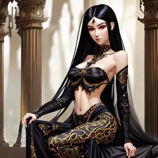 Prompt: Elegant silky black hair,gorgeous woman, fantasy aesthetic,, harem pants, soft delicate features, ultra detailed, beautiful face, intricate, elegant, 334k, insanely detailed, insanely realistic, insane details,  hyper detail, high detail, athletic body, high cheekbones, detailed face.ultra realistic, full body and face focus, intricate details, exceptional detail, fantasy, ethereal lighting, hyper sharp, sharp focus, photorealistic portrait, detailed face, highly detailed, realistic, hyper realistic, colorful, Ultra realistic, , Highly detailed photo realistic digital artwork. High definition. Face by Tom Bagshaw and art by Sakimichan, Android Jones" and tom bagshaw, Biggals, unreal engine 5, VQGAN+CLIP