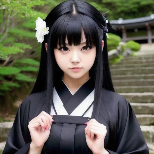 Prompt: (masterpiece), (full body, full entire body), (frame the head), small smile, (stunningly beautiful face), symmetric realistic face, big black eyes, amazing Incredibly beautiful 20-something girl, japanese shrine maiden, anime-detail, Clothes in black with dark-blue trim, black hair, detailed hairstyle, deep-black eyes ,slender, realistic, positioned so that their bodies are symmetrical and balanced directly towards the viewer, perfect anatomy, Centered image, stylized, bioluminescence, 8 life size, 8k resolution concept art portrait, super detail, ultra realistic, approaching perfection, dynamic, highly detailed, character sheet, concept art, smooth, facing directly at the viewer positioned so that their body is symmetrical and balanced, little fusion pojatti r3d render, octane render