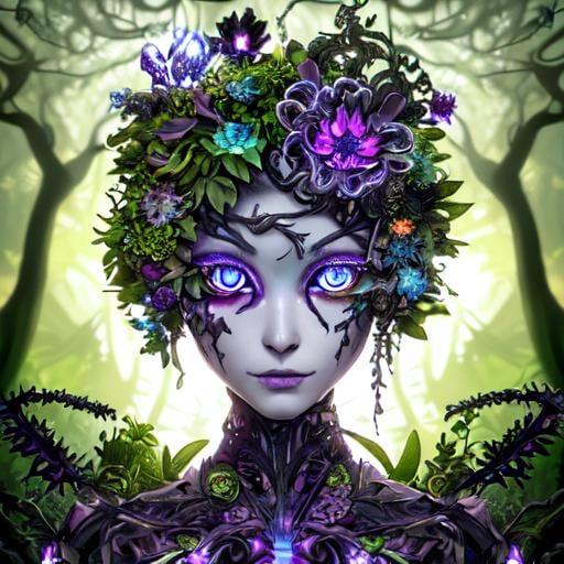 Prompt: ((Cinematic high quality photo)), ((photorealistic close-up portrait masterpiece)) of a mysterious hybrid creature, a fusion of ((floral)) and ((mechanical)) elements, wandering through an enchanted forest of bioluminescent trees and glowing plants. This unique being, with a body covered in lush foliage and intricate gears, has radiant eyes that emit a soft, mesmerizing light. It explores the surreal landscape, a realm where nature and technology coexist harmoniously. Delicate flowers intertwined with polished metal vines form a fascinating, intricate pattern on the creature's skin. High detail, UHD 4k wallpaper, by Roger Dean, Josephine Wall, H.R. Giger, and Daniel Lieske.