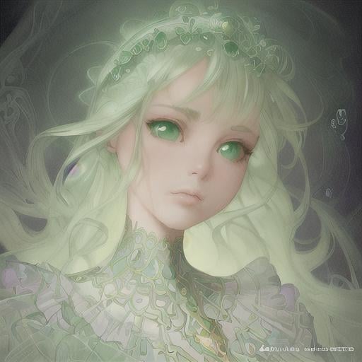 Prompt: portrait of magical young girl, dreamy and ethereal, mint green accents, peaceful expression, ornate frilly dress, fantasy, intricate, elegant, rainbow bubbles, highly detailed, digital painting, artstation, concept art, smooth, sharp focus, illustration, art by artgerm and greg rutkowski and alphonse mucha,  masterpiece