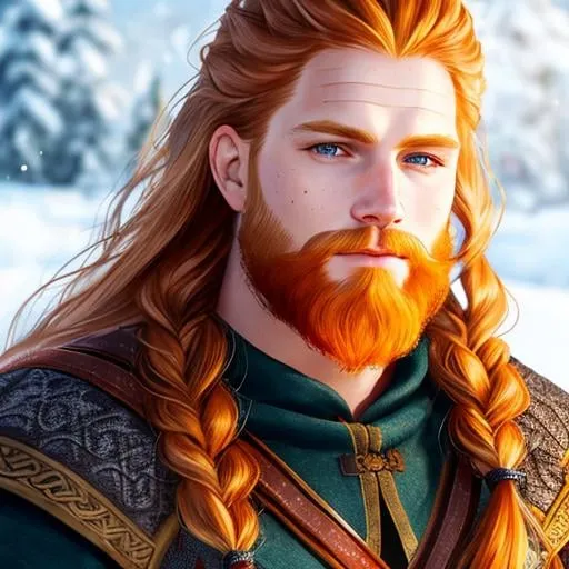 Prompt: braided ginger hair viking king, freckles, full energy, hair flowing in the wind, snow on body, snow on hair, snow on clothing, in a blizzard, fantasy world, highly detailed, half body, soft lighting, ultra realistic, 8K, digital art, unreal engine 5