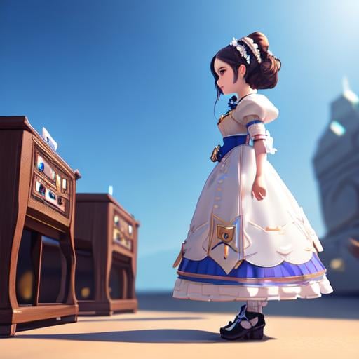 Prompt: Cute and adorable Ada Lovelace female, fantasy, dreamlike, surrealism, super cute, trending on artstation , standing on stage, side profile, caricature, chibi, kawaii,3d rendering, octane rendering, volumetric light