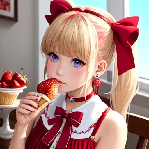 Prompt: 1girl, solo, cherry, food, bow, hair ornament, fruit, hair bow, choker, ponytail, looking at viewer, jewelry, earrings, strawberry, blue eyes, frills, hairclip, blonde hair, bandaid, long hair, ice cream, bangs, upper body, nail polish, x hair ornament, table, red bow, signature, sleeveless, english text, sitting, red nails, mouth hold, spoon, blurry, plaid, heart