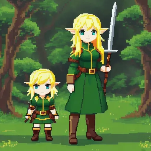 Prompt: low resolution pixel art 1 chibi female elf warrior, dual curve sword, blonde hair, green leather and cotton clothes, standing in low resolution pixel fantasy forest background,

pixel art, fantasy art,

inspired by final fantasy, RPG Maker style,